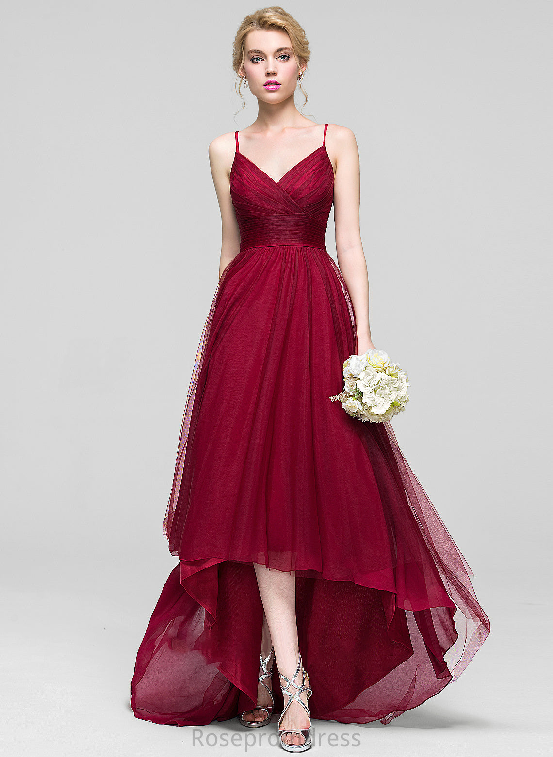 Silhouette Ruffle V-neck Fabric Embellishment Length Neckline A-Line Asymmetrical Aurora Bridesmaid Dresses
