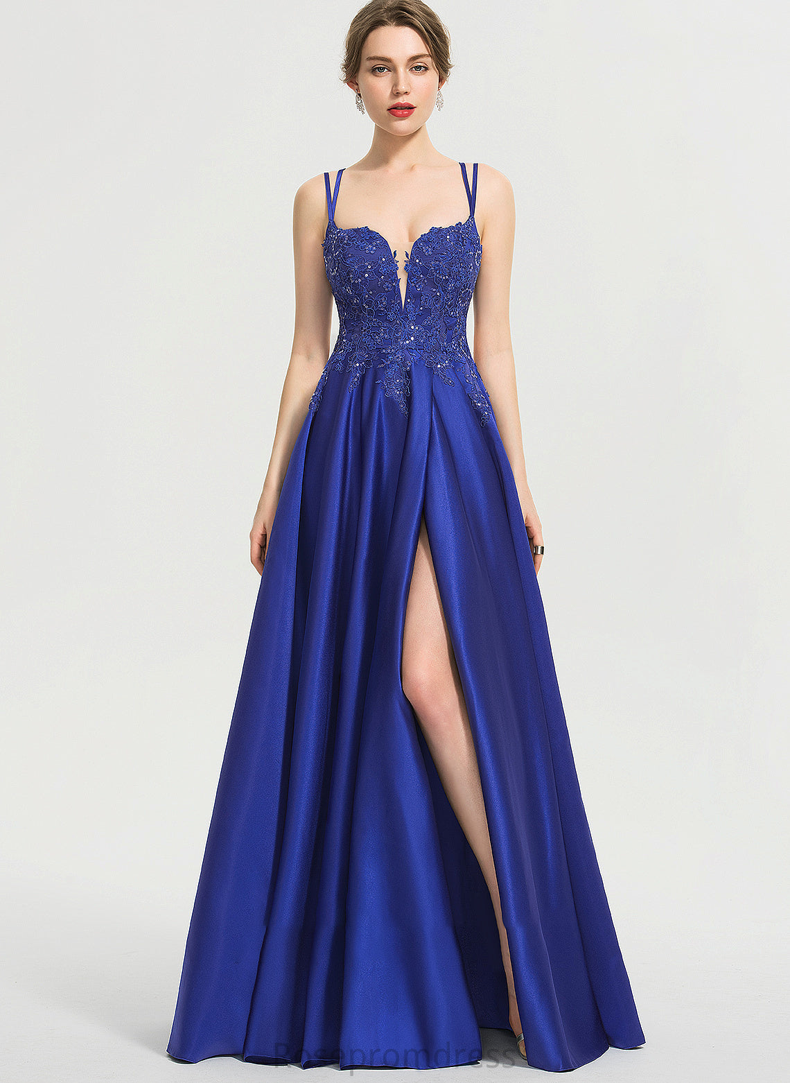 Sequins Front Floor-Length With Prom Dresses Split Ball-Gown/Princess Miley Satin V-neck