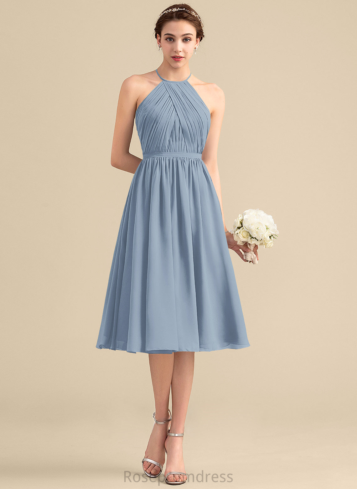 Ruffle Fabric Neckline Knee-Length Length Silhouette A-Line ScoopNeck Embellishment Kira Sleeveless Straps Bridesmaid Dresses