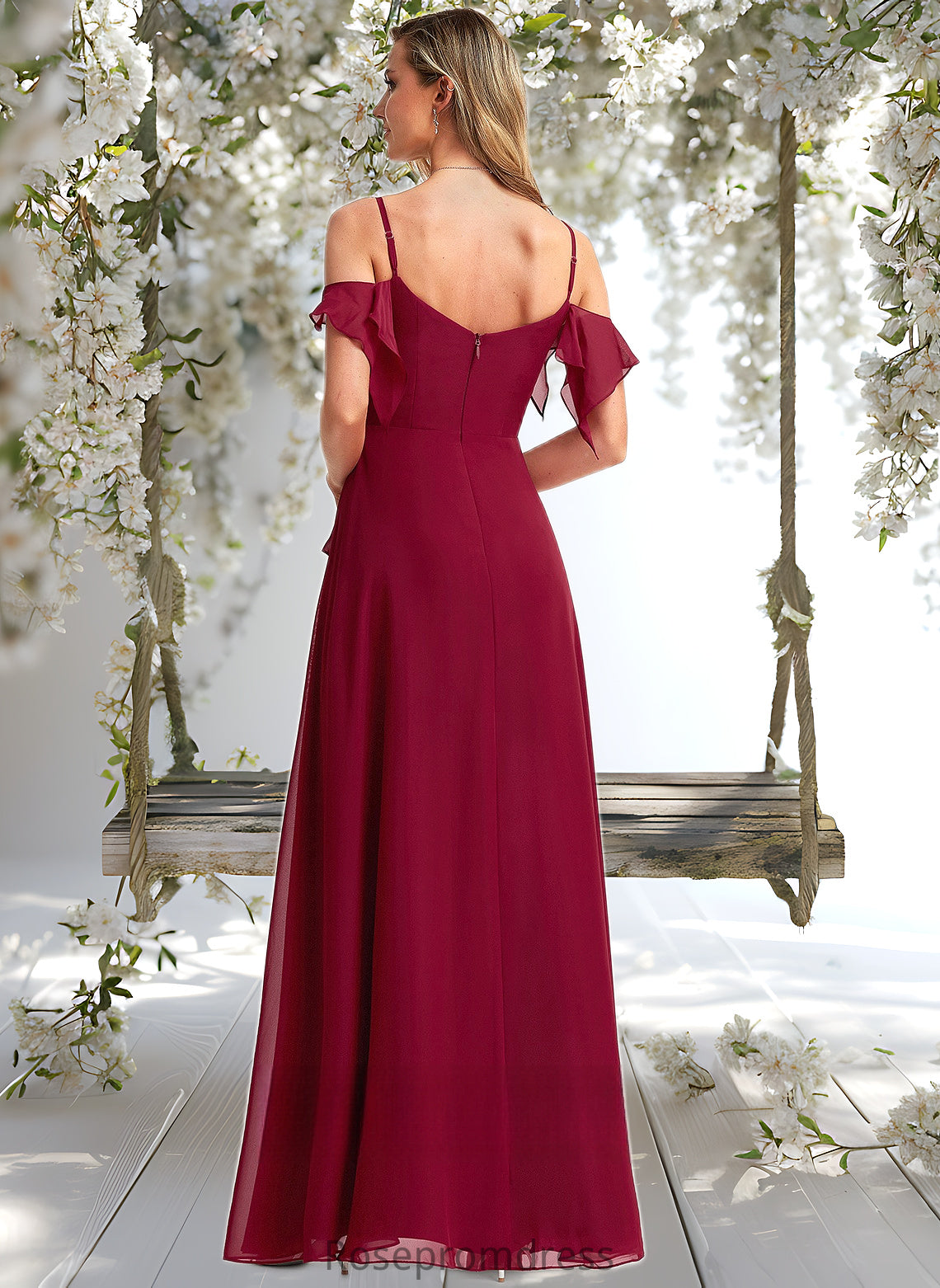 Maggie A-line Cold Shoulder Floor-Length Chiffon Bridesmaid Dress With Ruffle DSP0025755