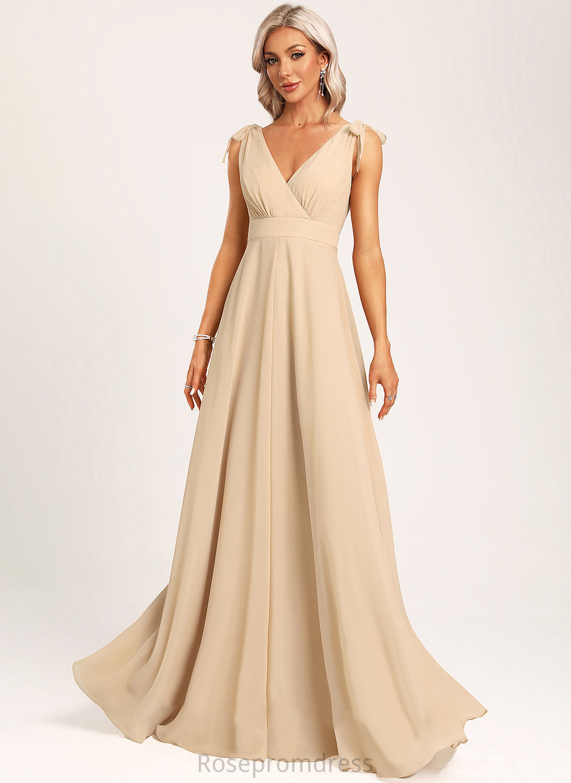Silhouette A-line Length Neckline Embellishment Fabric V-Neck Floor-Length Natalie Natural Waist Straps Floor Length Bridesmaid Dresses