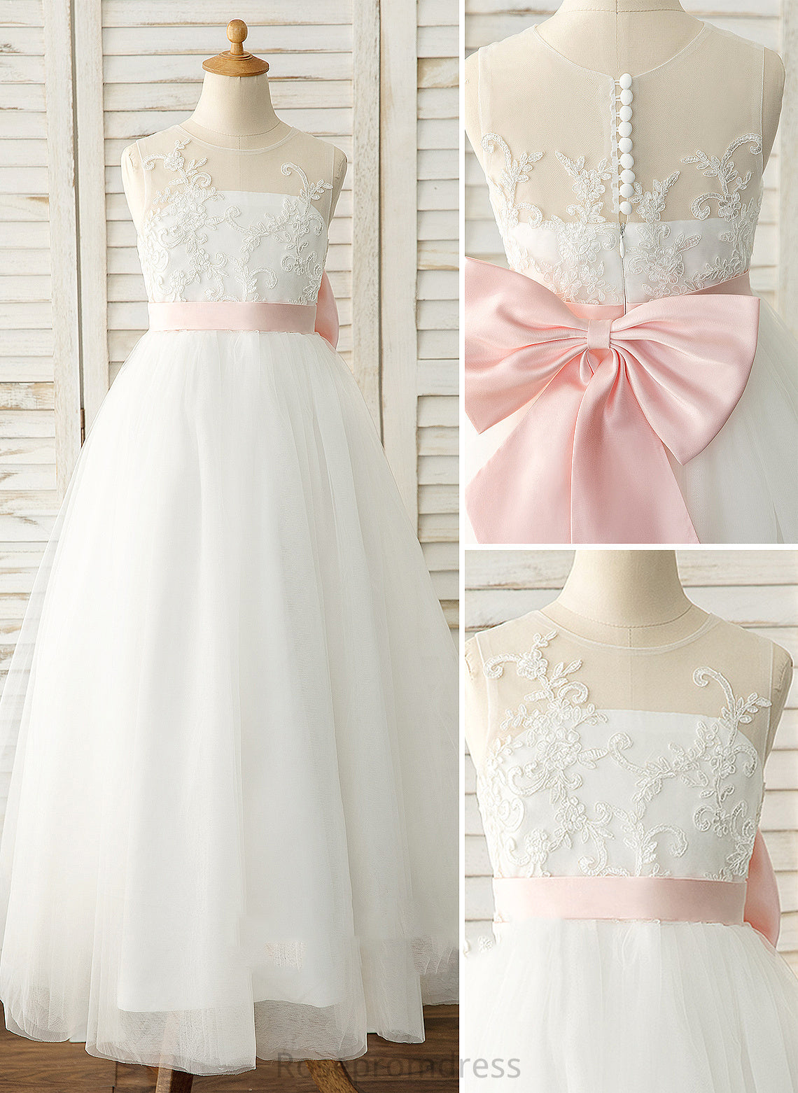 Sleeveless With A-Line Bow(s) (Undetachable Floor-length Karen sash) Dress Flower Girl Dresses Satin/Tulle/Lace Scoop Girl - Neck Flower