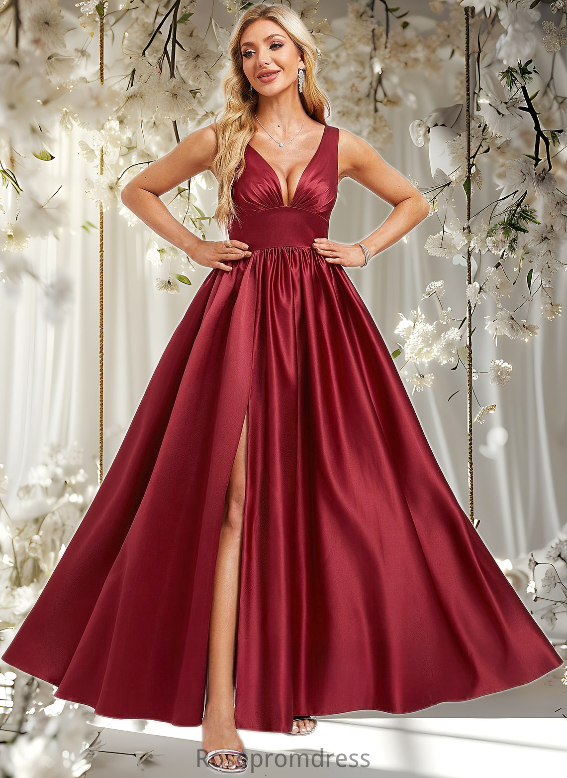 Judith A-line V-Neck Floor-Length Satin Bridesmaid Dress DSP0025775
