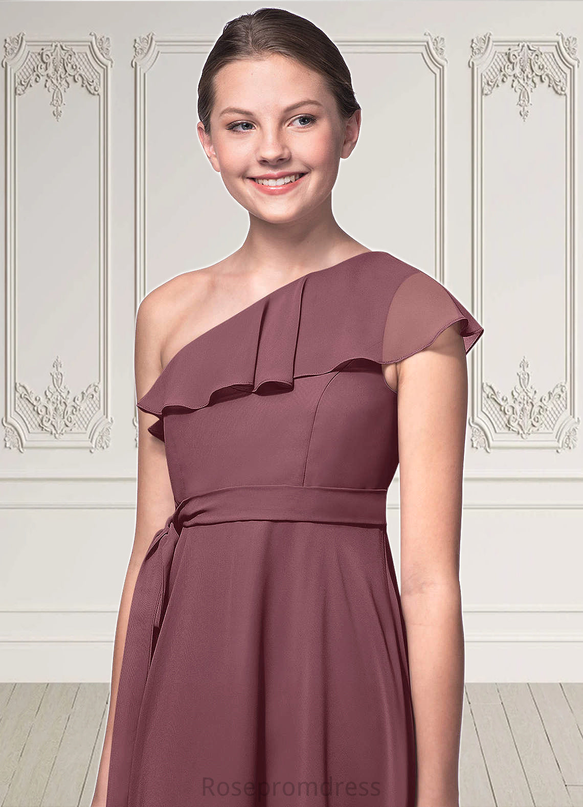 Brooklyn A-Line Ruched Chiffon Floor-Length Junior Bridesmaid Dress SRSP0020007