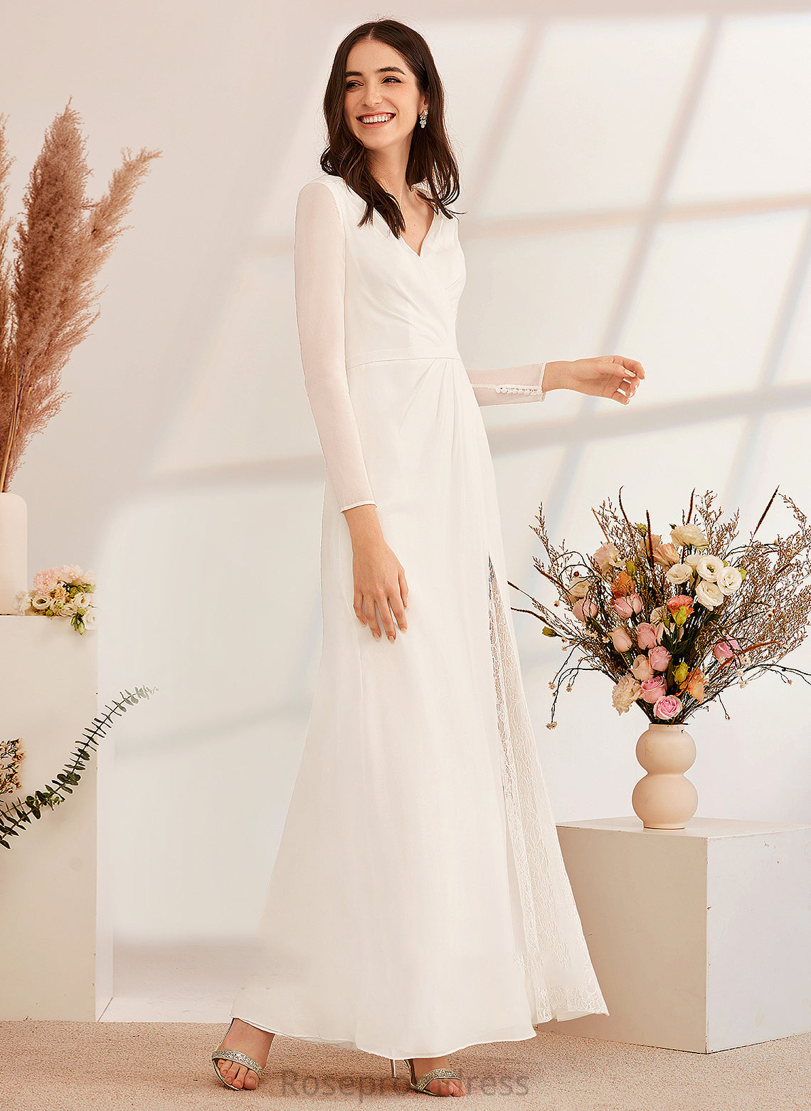Lace Wedding Dresses With Desirae Bow(s) V-neck Dress Floor-Length Wedding A-Line