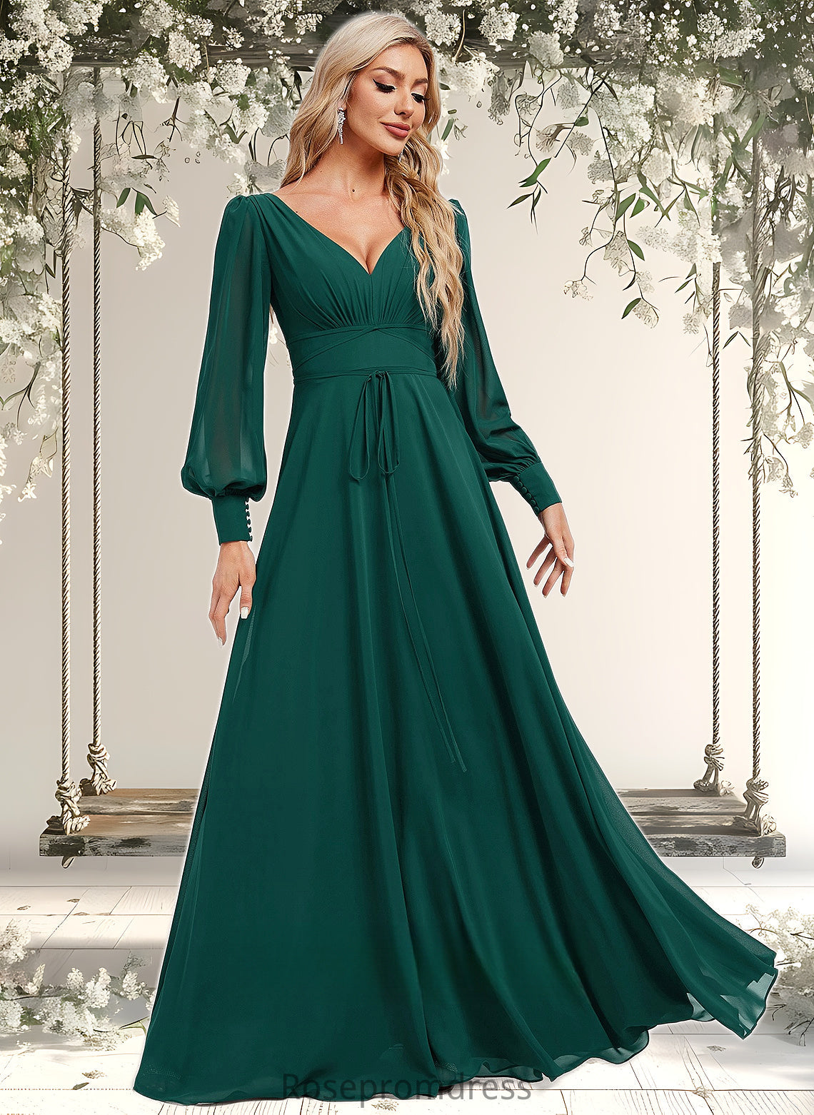 Urania A-line V-Neck Floor-Length Chiffon Bridesmaid Dress DSP0025816