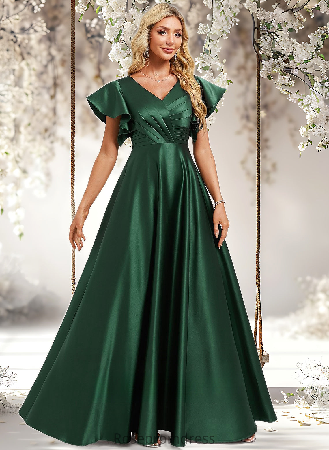 Eliza A-line V-Neck Floor-Length Satin Bridesmaid Dress With Ruffle DSP0025777