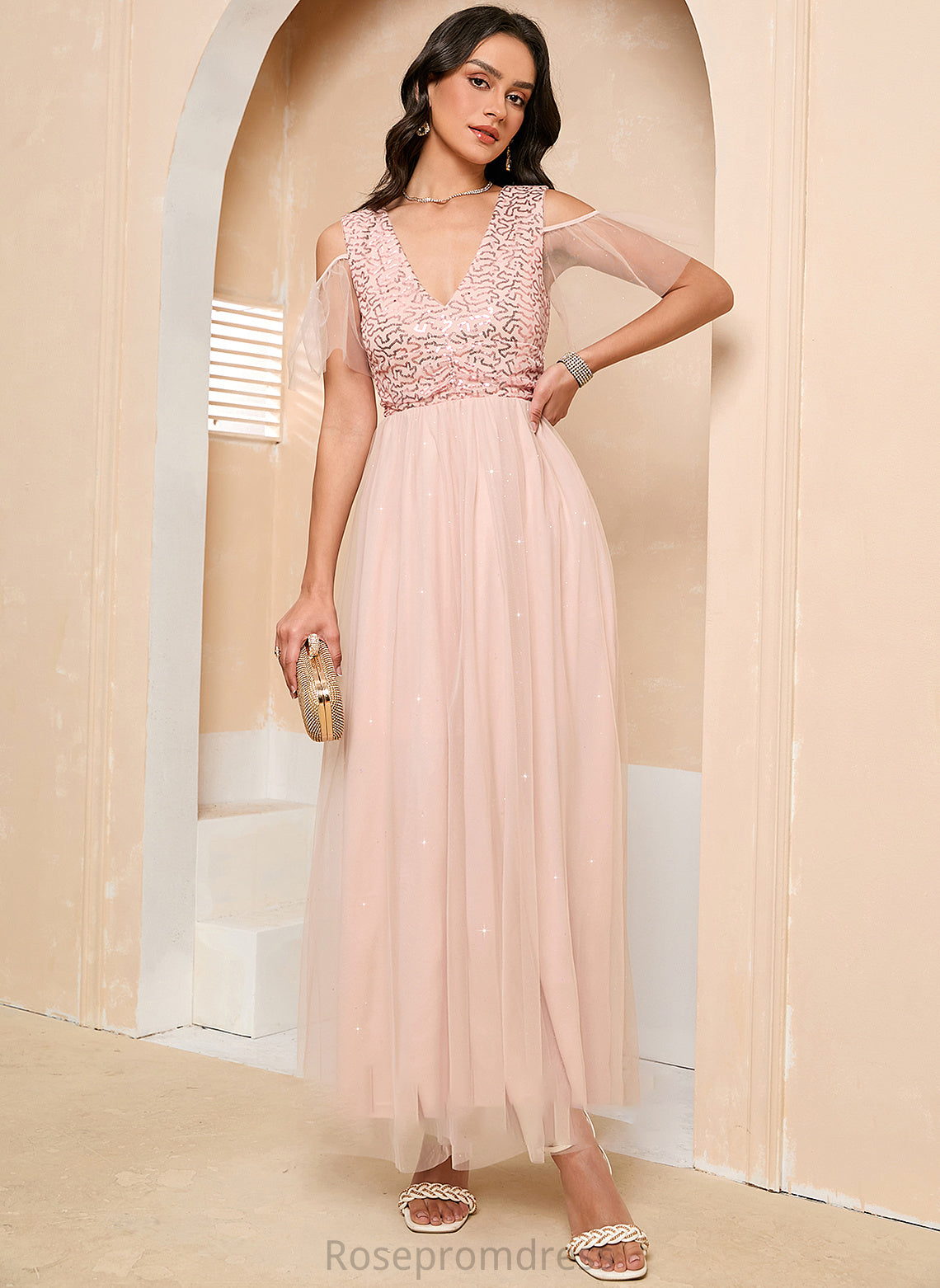 Silhouette V-neck Length Straps Tulle Neckline Fabric A-Line Ankle-Length Kassidy One Shoulder Floor Length Bridesmaid Dresses