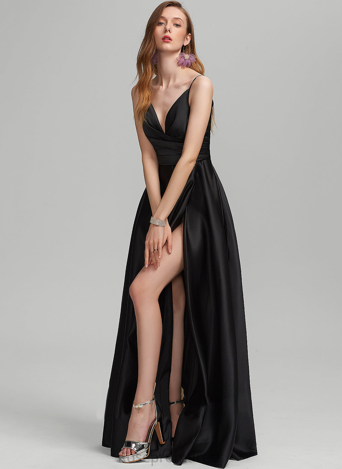 Satin Split Prom Dresses With Ruffle Floor-Length Front A-Line Hailey V-neck