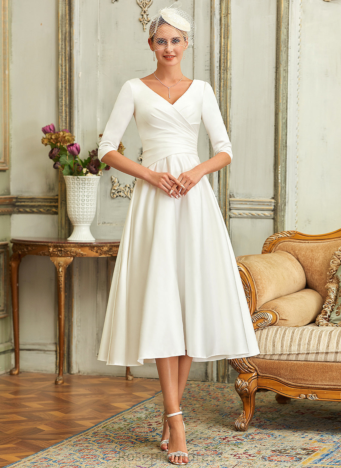 Marlee Satin Tea-Length V-neck Wedding Wedding Dresses Dress A-Line