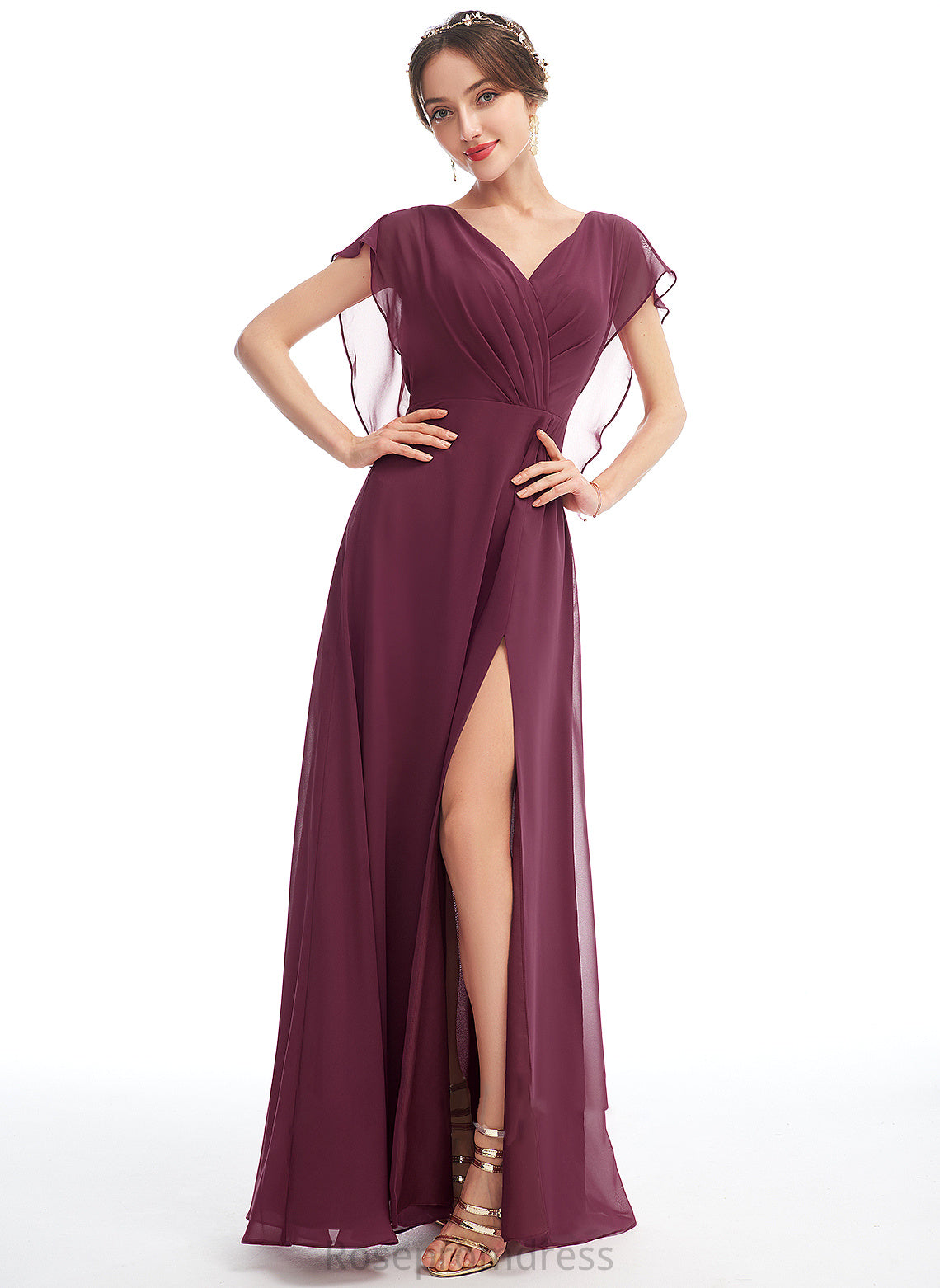 V-neck Neckline Silhouette Fabric Length A-Line Ruffle SplitFront Floor-Length Embellishment Marlie Bridesmaid Dresses
