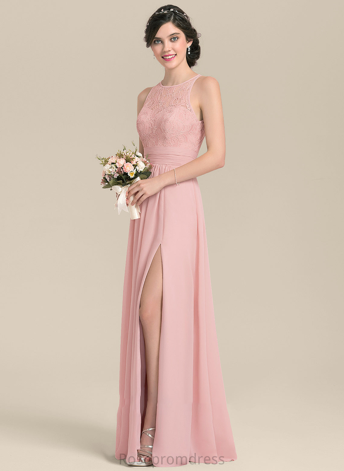A-Line Ruffle Silhouette ScoopNeck Embellishment SplitFront Floor-Length Fabric Neckline Length Deja Spaghetti Staps Bridesmaid Dresses