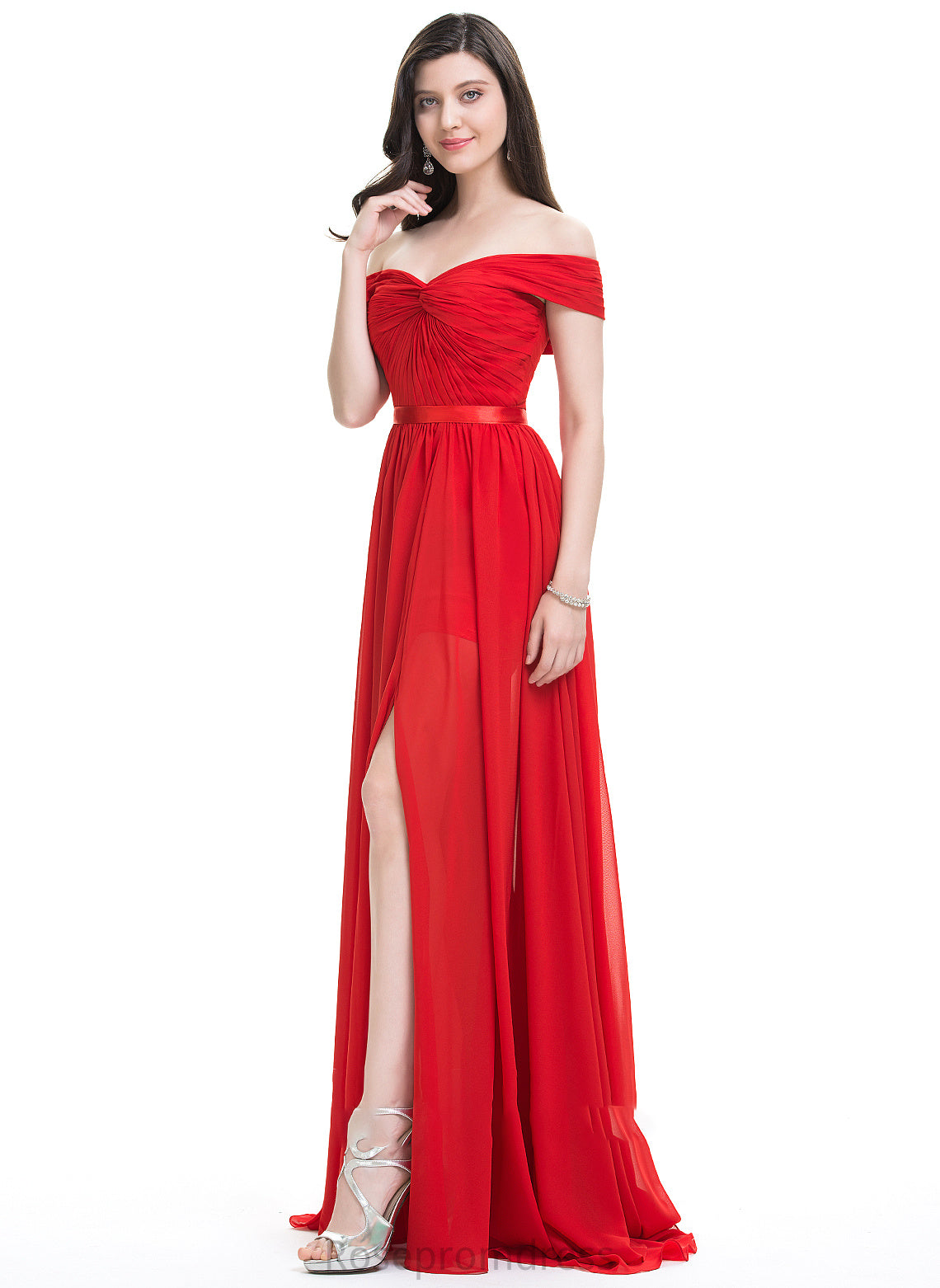 Length Ruffle Fabric Off-the-Shoulder A-Line Neckline Silhouette Embellishment SweepTrain SplitFront Patti Natural Waist Bridesmaid Dresses