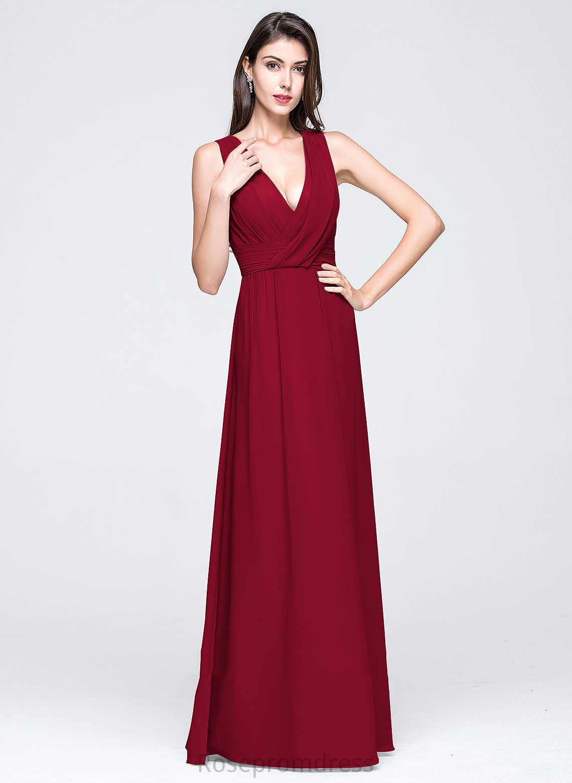Length Fabric A-Line Silhouette Embellishment Floor-Length Neckline Ruffle V-neck Halle Stretch Satin Sleeveless Bridesmaid Dresses