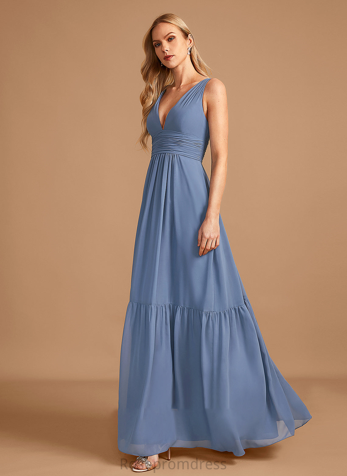 V-neck Silhouette Embellishment Neckline A-Line Length Fabric Pockets Floor-Length Angela Straps Sleeveless Bridesmaid Dresses