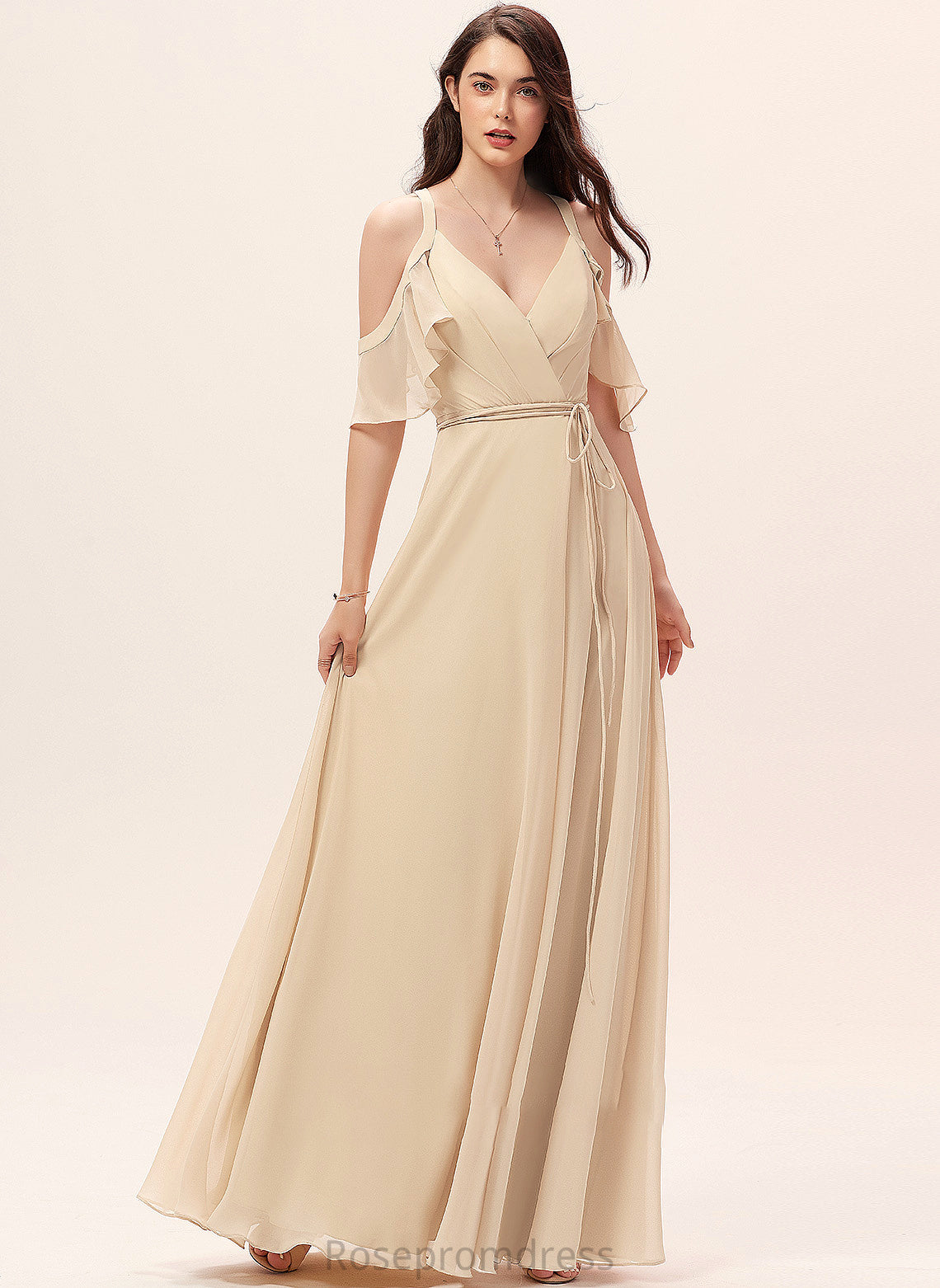 Fabric Floor-Length Embellishment Silhouette SplitFront Ruffle V-neck Neckline Length A-Line Vanessa Natural Waist Bridesmaid Dresses