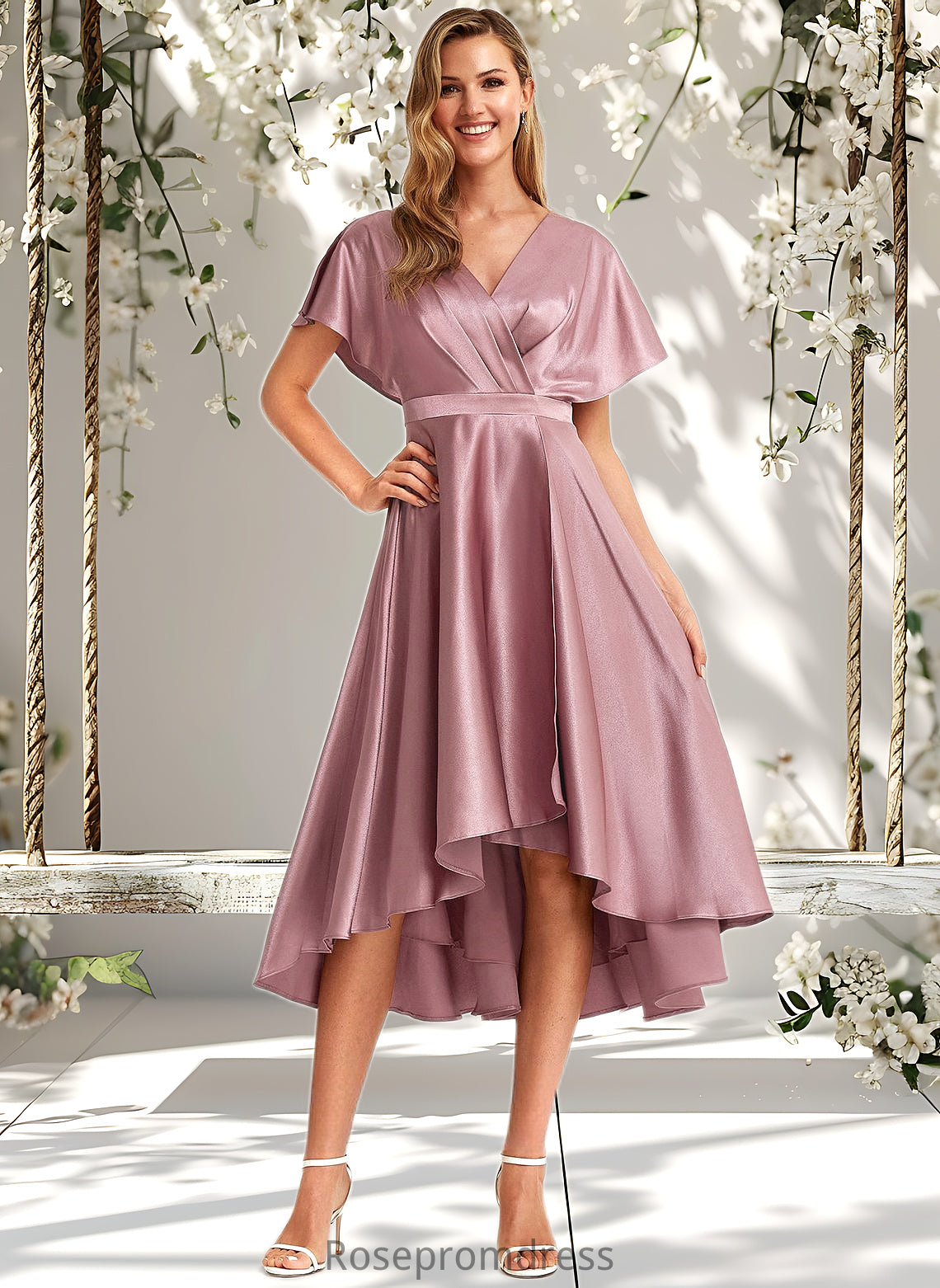 Jaylee A-line V-Neck Asymmetrical Stretch Satin Bridesmaid Dress DSP0025752