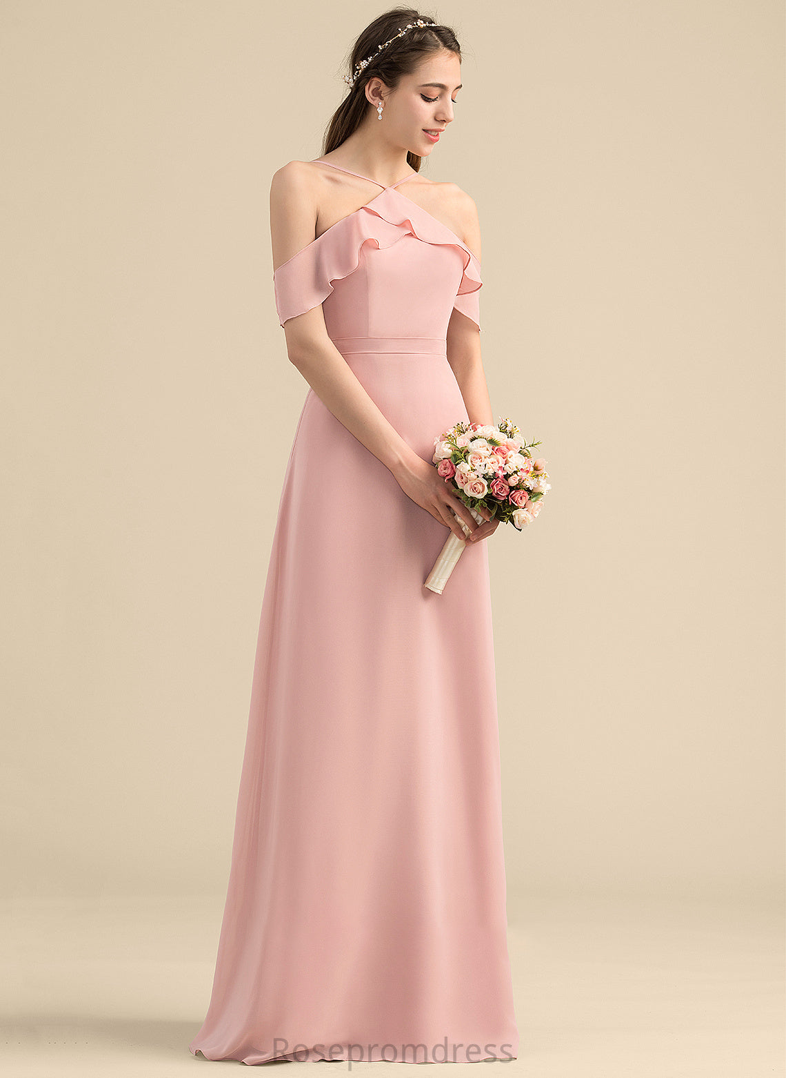 A-Line Neckline Fabric V-neck Silhouette Length CascadingRuffles Floor-Length Embellishment Bow(s) Dulce A-Line/Princess Bridesmaid Dresses