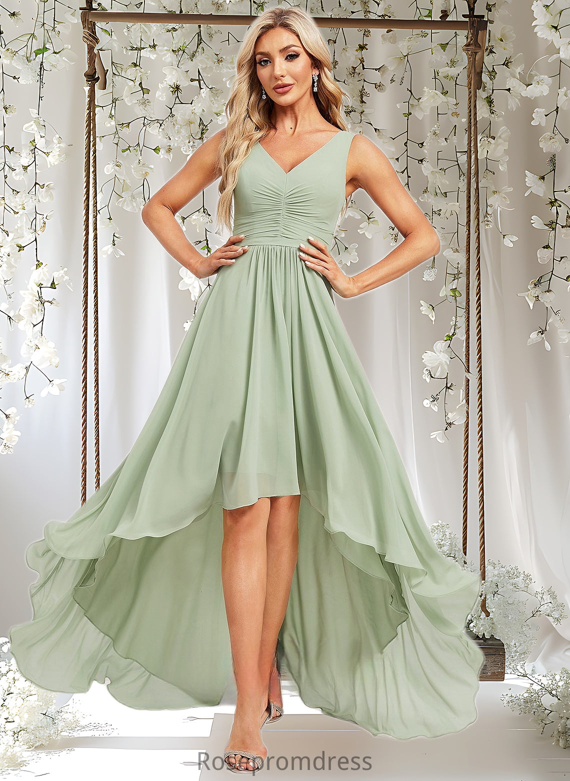 Summer A-line V-Neck Asymmetrical Chiffon Bridesmaid Dress DSP0025809
