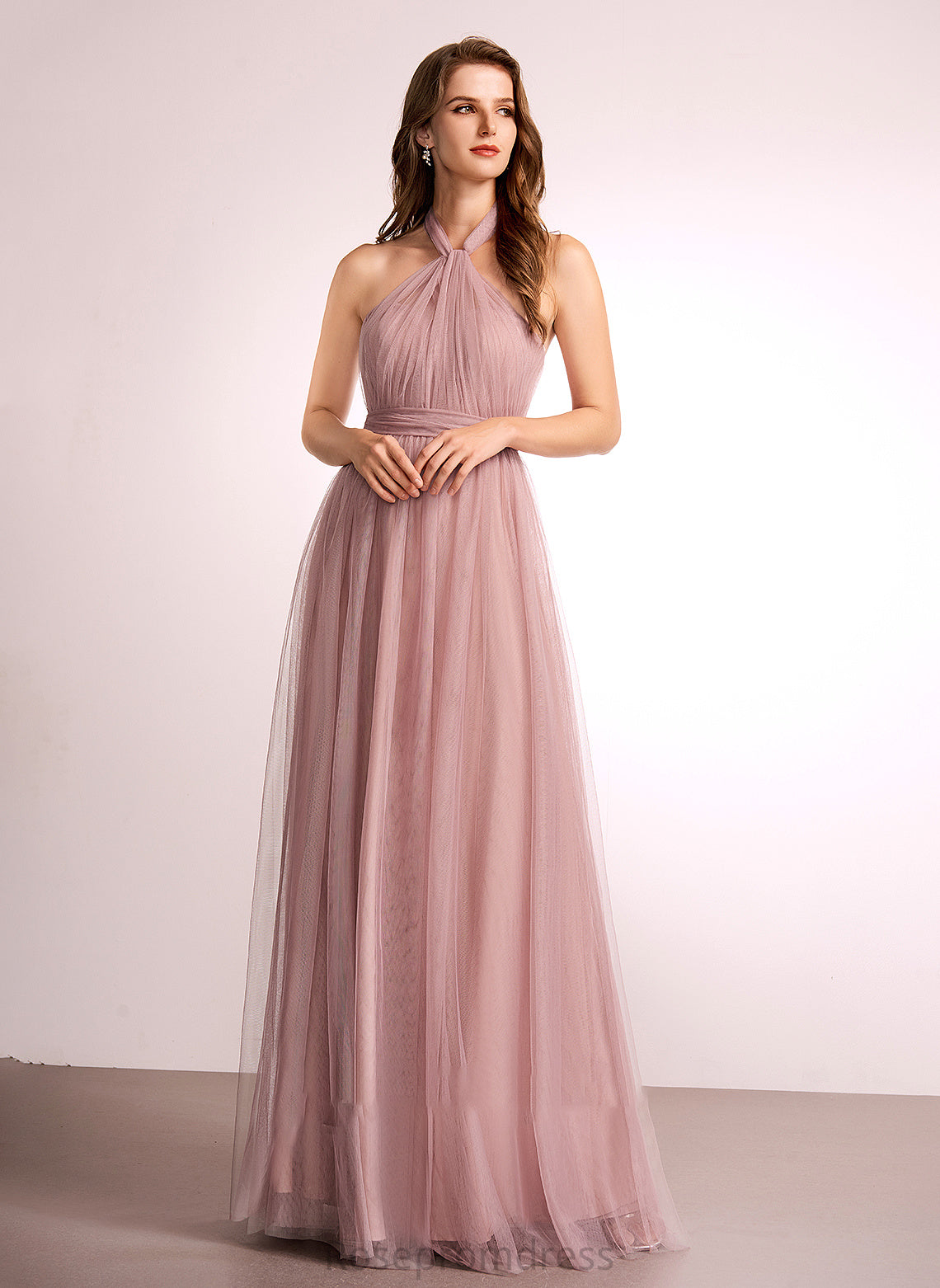Neckline One-Shoulder Fabric Straps A-Line Length Silhouette V-neck Off-the-Shoulder Tulle Floor-Length Leslie Bridesmaid Dresses