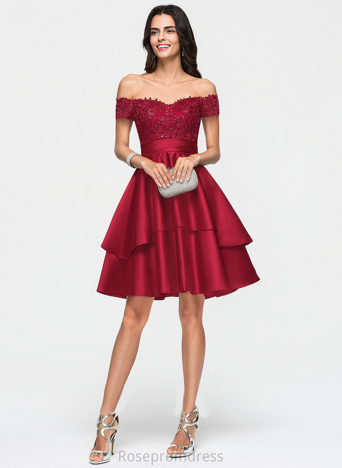 Homecoming Dresses Satin Dress Knee-Length Janiya Homecoming Lace With A-Line Sequins Off-the-Shoulder