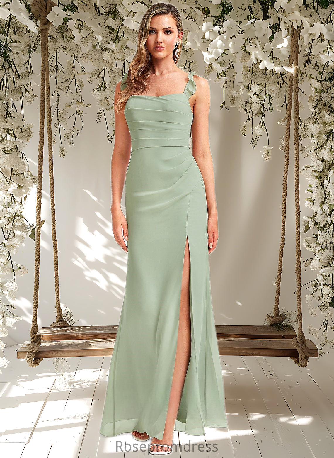 Gloria A-line Square Floor-Length Chiffon Bridesmaid Dress With Ruffle DSP0025739