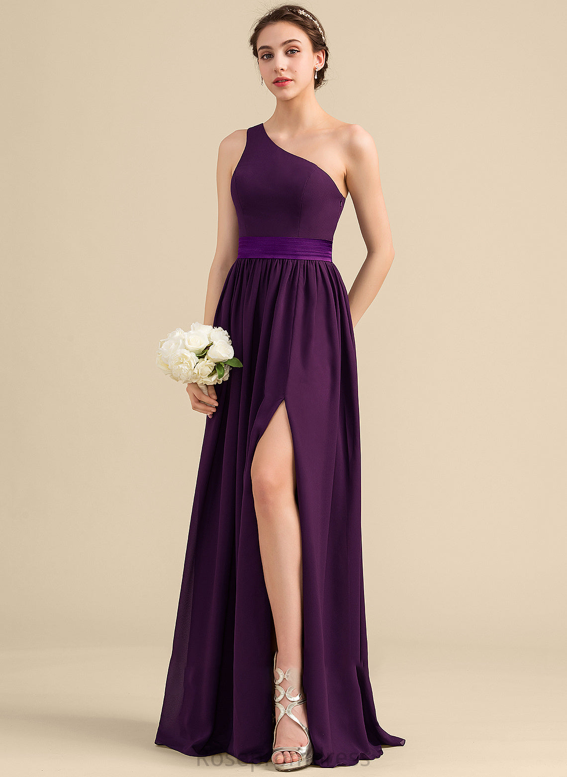 Fabric Silhouette Neckline One-Shoulder Floor-Length Length A-Line Ruffle SplitFront Embellishment Joanna Bridesmaid Dresses