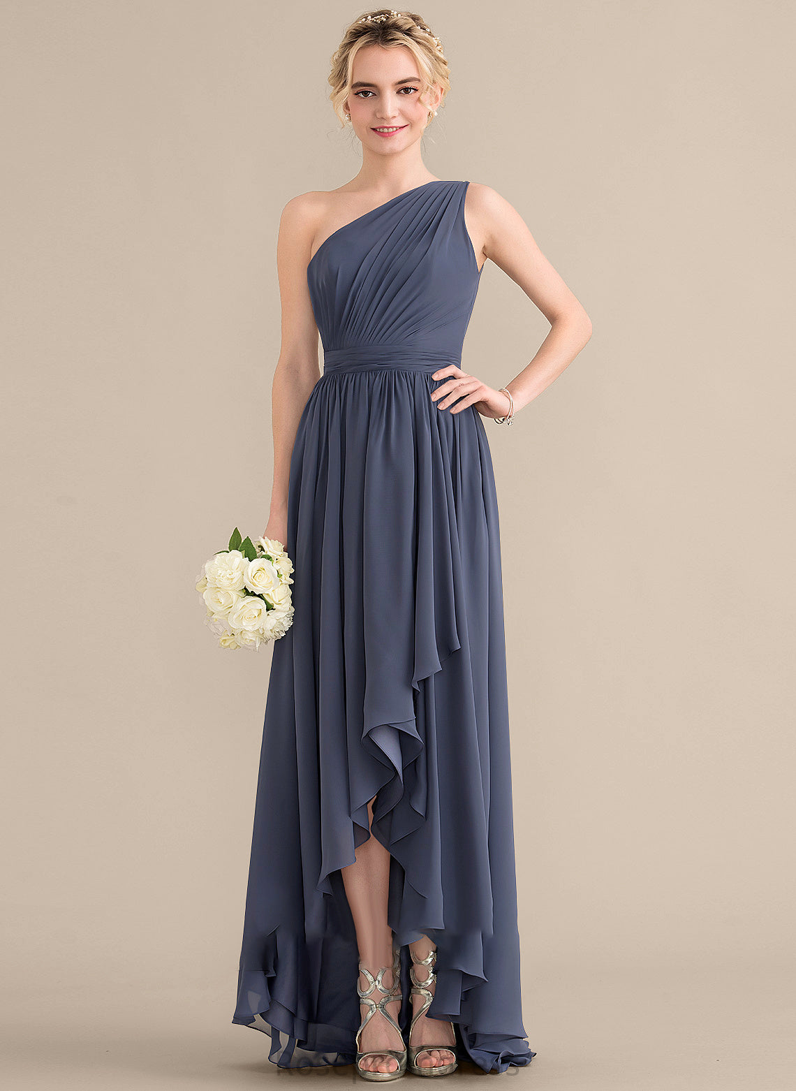 Neckline Fabric Length Silhouette CascadingRuffles One-Shoulder Asymmetrical A-Line Embellishment June A-Line/Princess V-Neck Bridesmaid Dresses