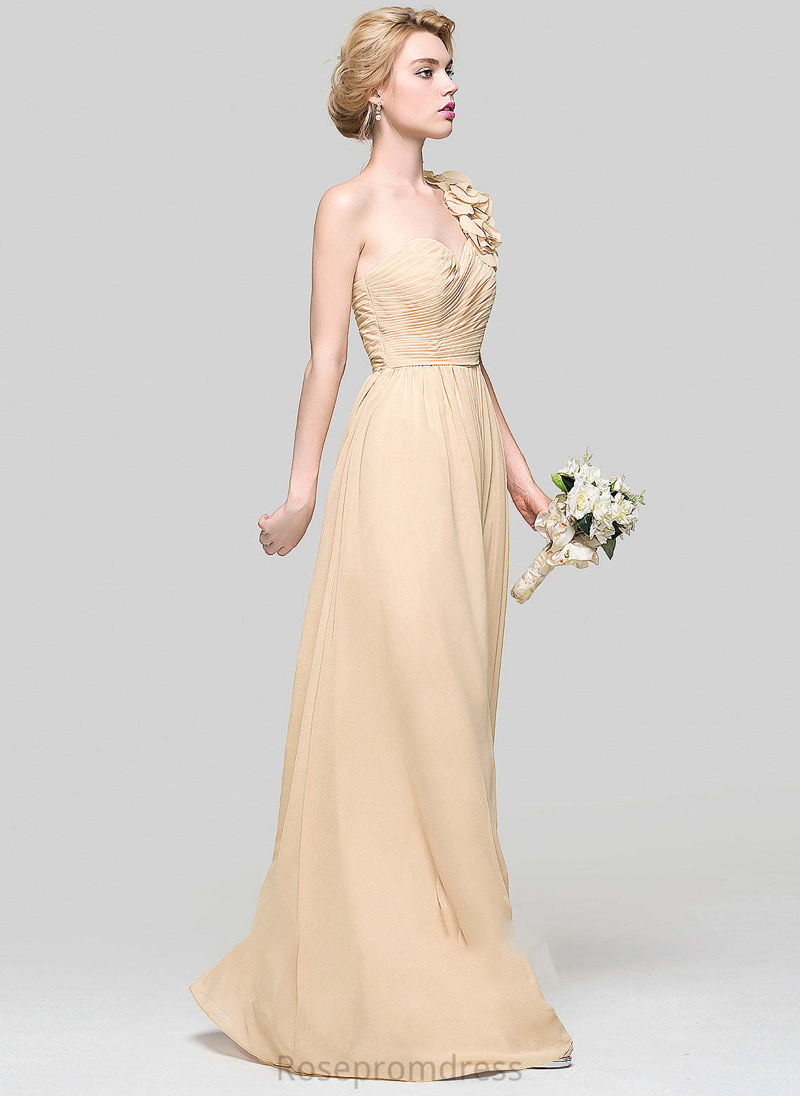 Length Ruffle Silhouette A-Line One-Shoulder Embellishment Floor-Length Neckline Flower(s) Fabric Gill V-Neck Bridesmaid Dresses