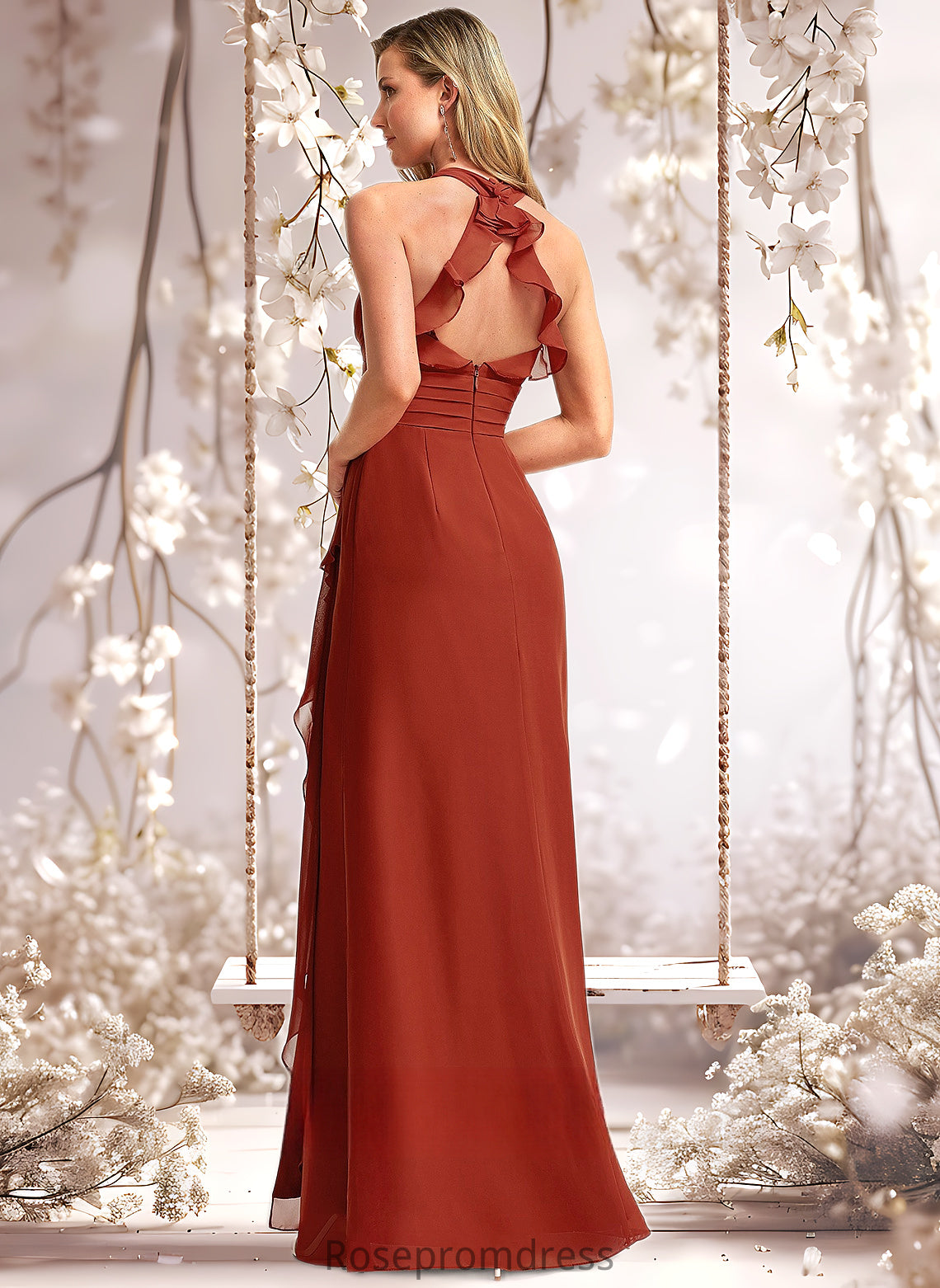 Jaylene A-line V-Neck Floor-Length Chiffon Bridesmaid Dress With Ruffle DSP0025754