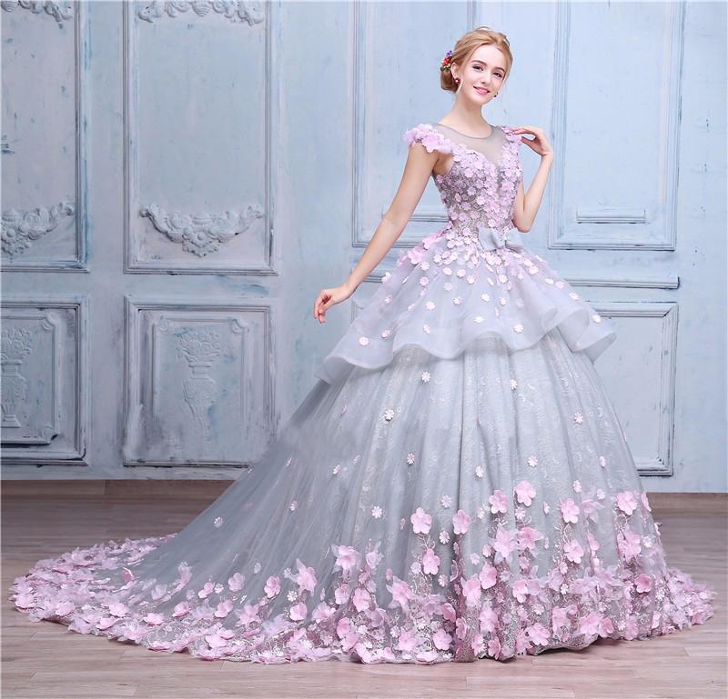 Scoop Ball Gown Gray Tulle Sleeveless Bowknot Empire Waist Wedding Dress with Pink Flowers RS576