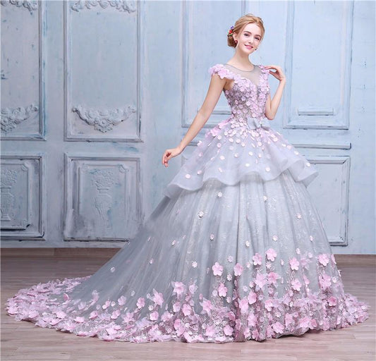 Scoop Ball Gown Gray Tulle Sleeveless Bowknot Empire Waist Wedding Dress with Pink Flowers RS576
