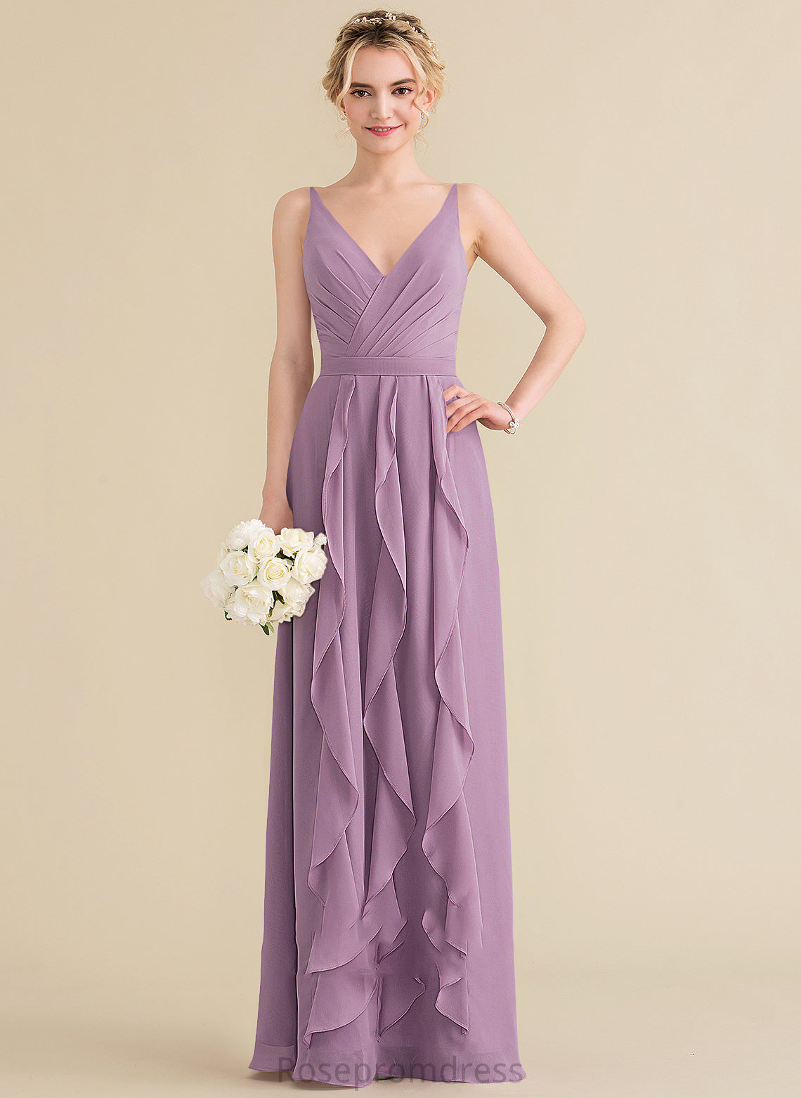 Length Floor-Length Silhouette Neckline V-neck Fabric CascadingRuffles A-Line Embellishment Jean Sleeveless Natural Waist Bridesmaid Dresses