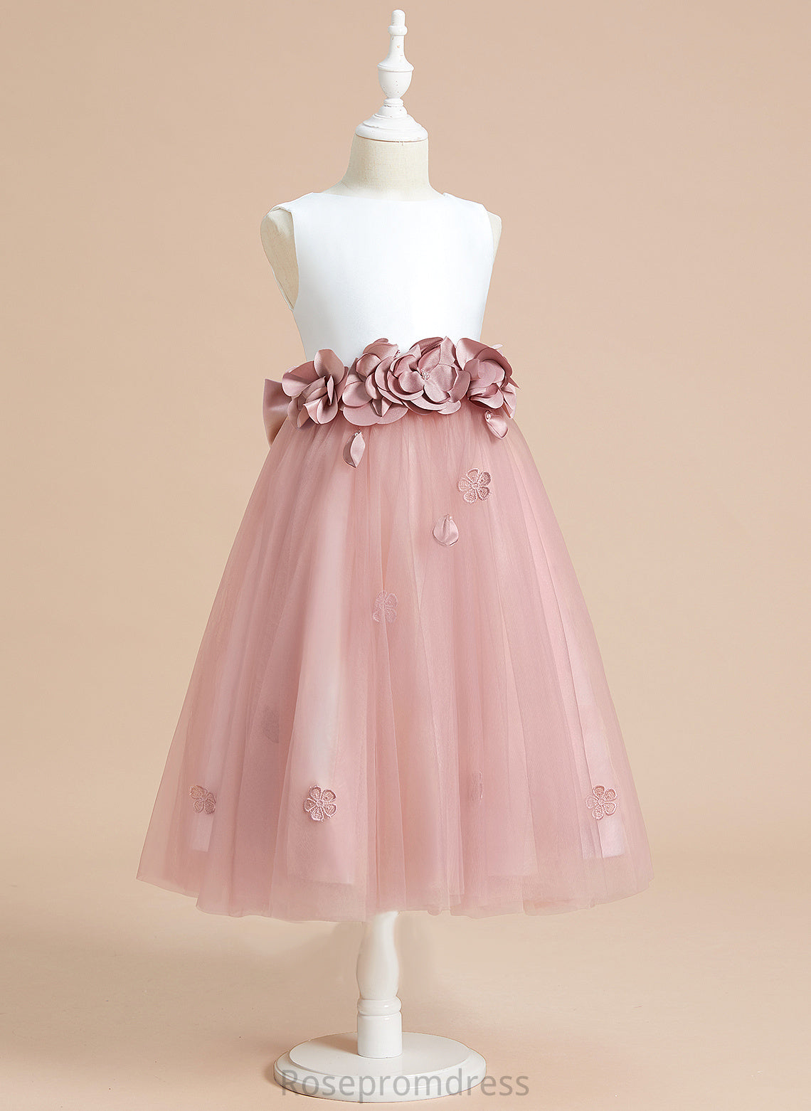Flower(s)/Bow(s) Dress A-Line Scoop Flower Girl Dresses Tea-length Livia Neck With Sleeveless Satin/Tulle Girl - Flower