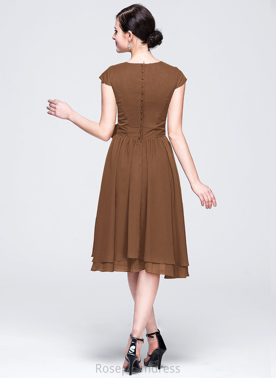 ScoopNeck Bow(s) Knee-Length Embellishment Fabric Silhouette Neckline A-Line Length Pearl Natural Waist Spaghetti Staps Bridesmaid Dresses