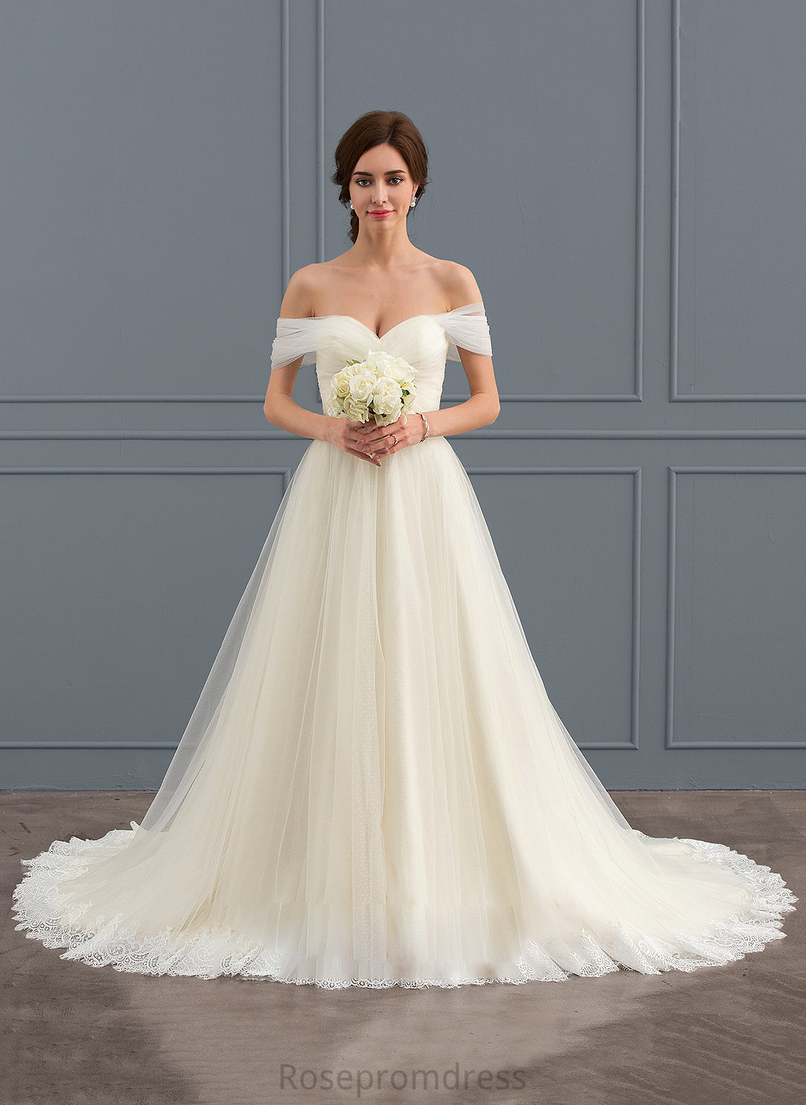 Robin Train Ball-Gown/Princess Tulle Lace Court Wedding With Dress Wedding Dresses Off-the-Shoulder Ruffle