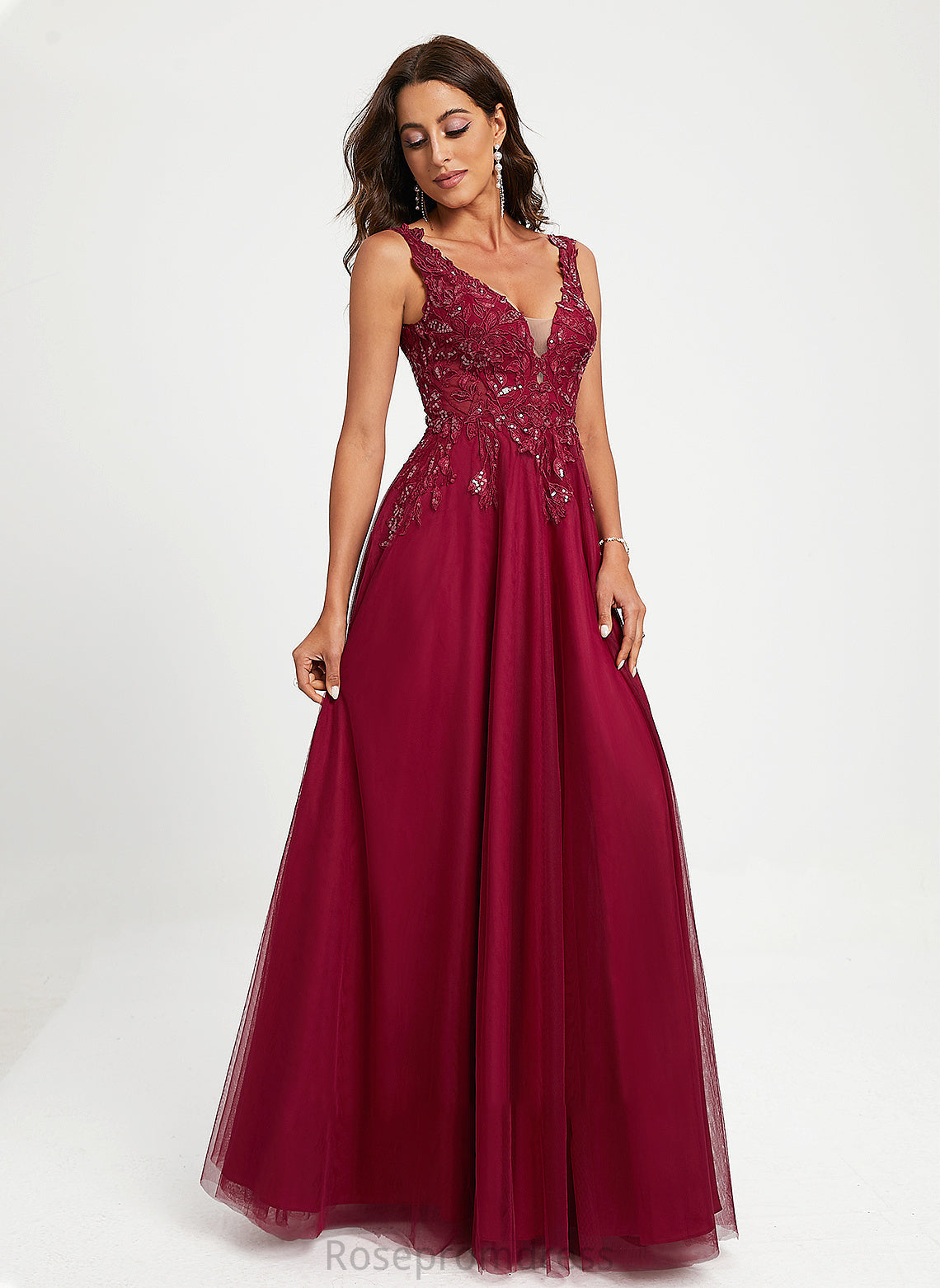 Sequins V-neck Ball-Gown/Princess Tulle Floor-Length With Prom Dresses Natalie