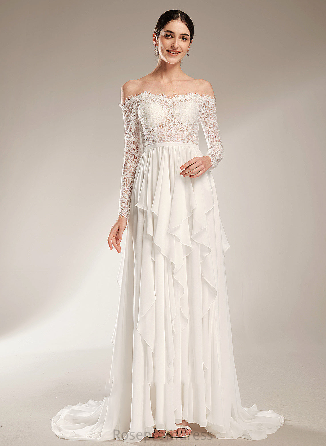 A-Line Off-the-Shoulder Wedding Dresses Ruffle With Train Wedding Nathalie Court Dress