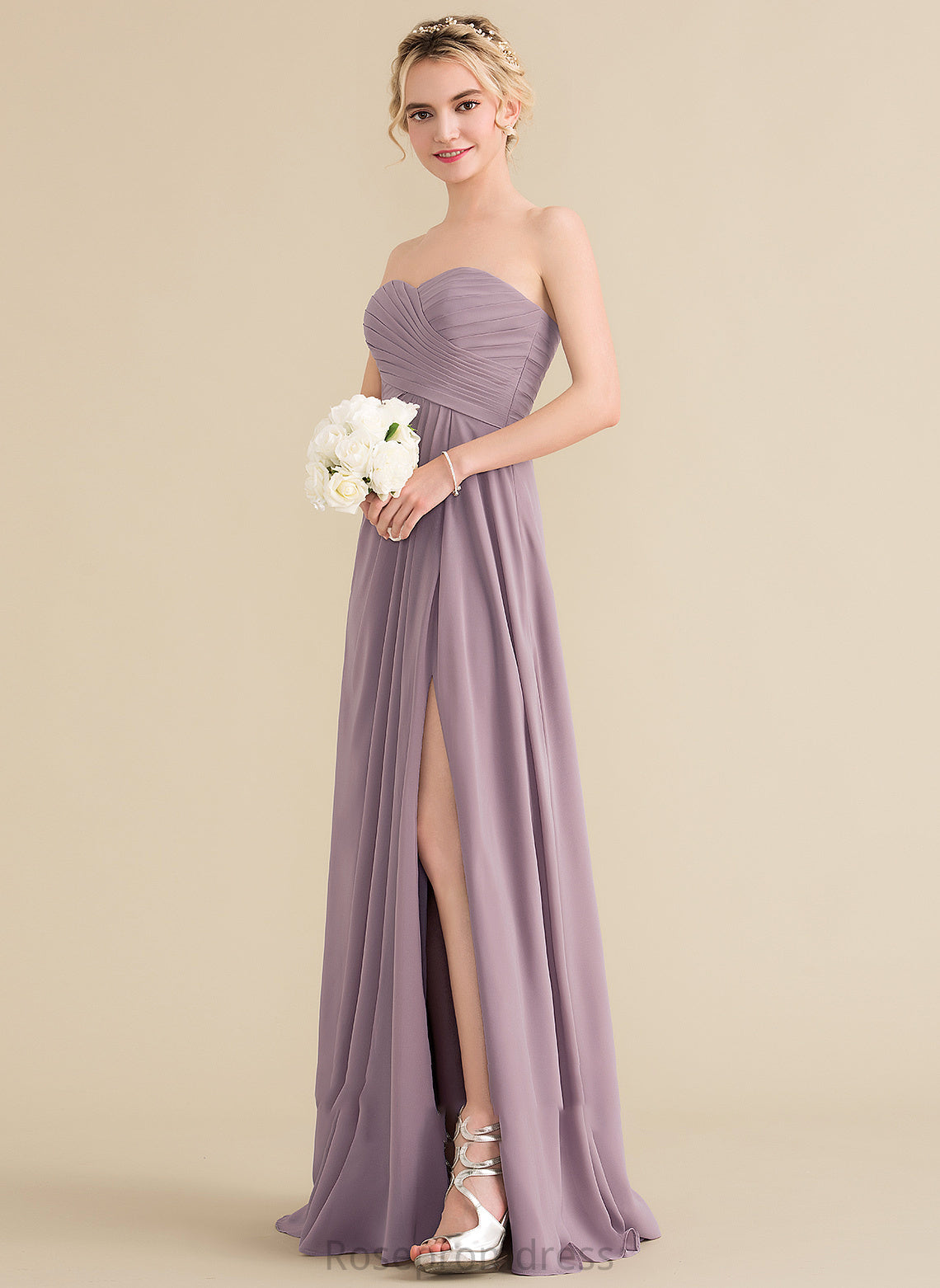 SplitFront Floor-Length Neckline Sweetheart Fabric Silhouette A-Line Length Ruffle Embellishment Kiana Spaghetti Staps Bridesmaid Dresses