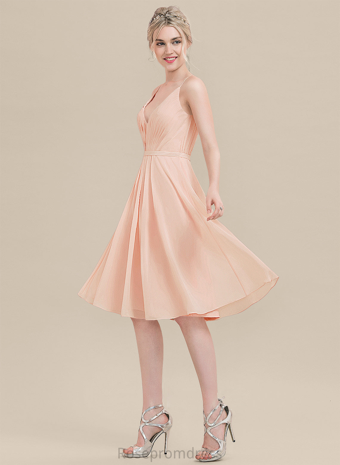 Embellishment Length Silhouette V-neck Fabric Ruffle A-Line Knee-Length Neckline Mariela Natural Waist Trumpet/Mermaid Bridesmaid Dresses