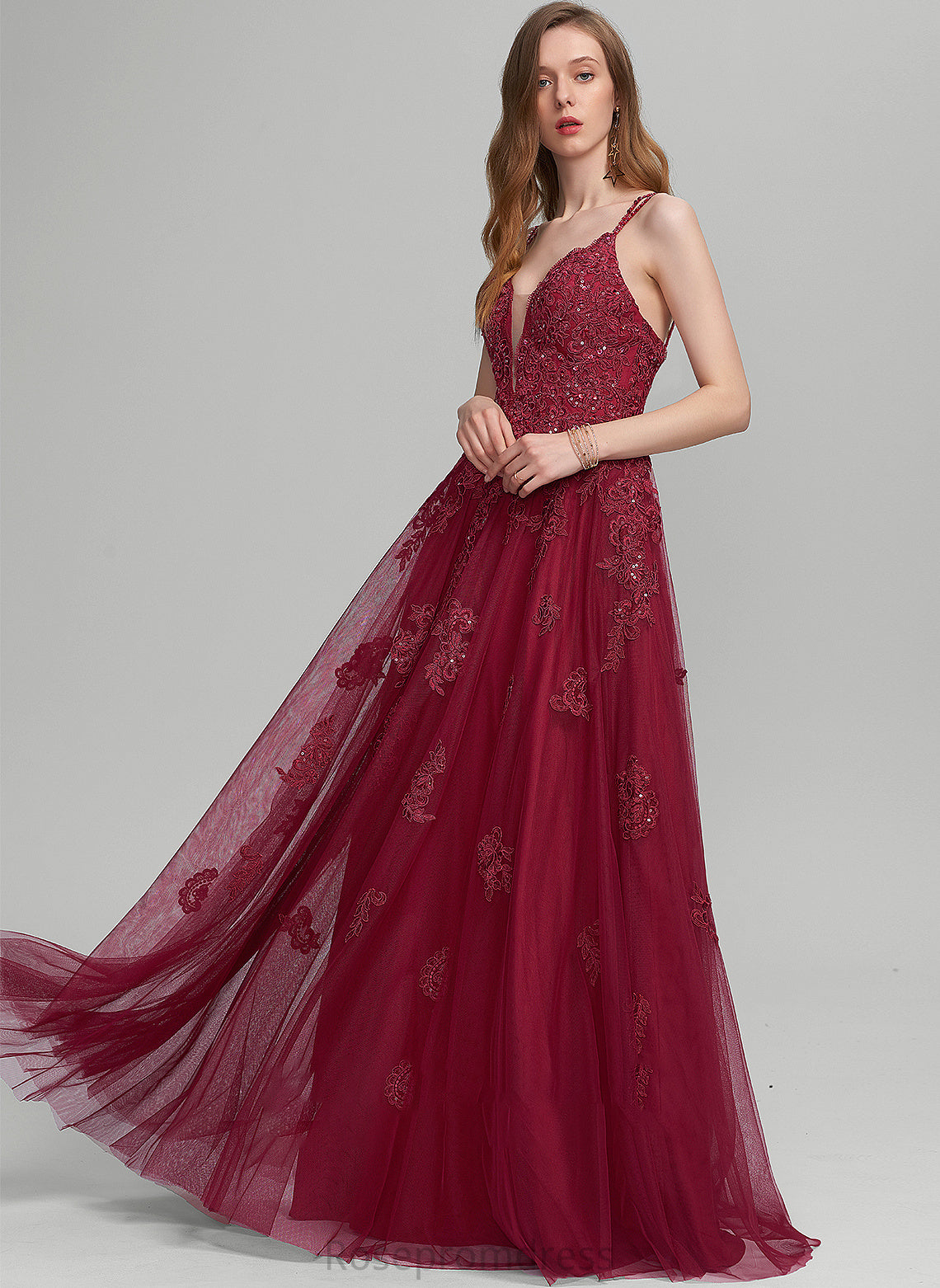 Prom Dresses Beading V-neck Floor-Length Tulle With A-Line Sequins Kadence