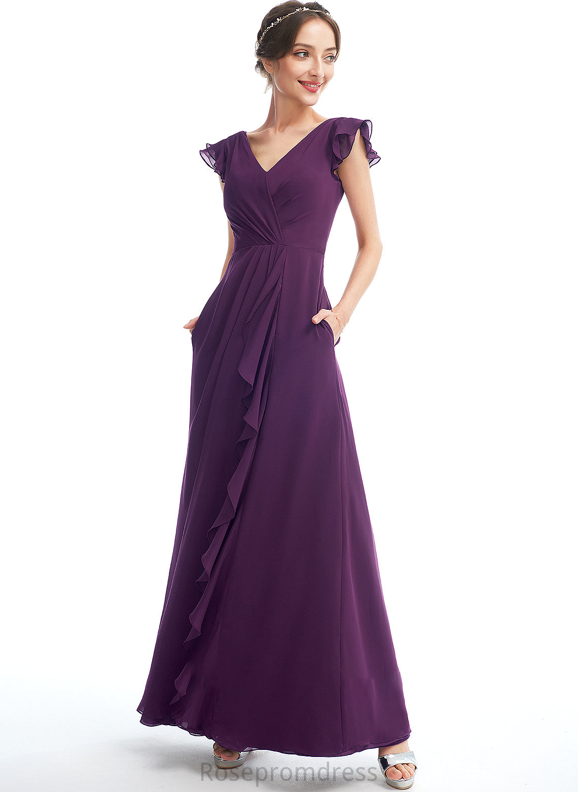 Floor-Length Embellishment Pockets Length A-Line Fabric Silhouette V-neck Ruffle Neckline Theresa Natural Waist Bridesmaid Dresses