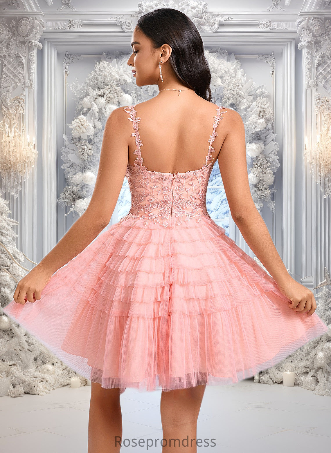 Madison Ball-Gown/Princess Scoop Short Tulle Lace Homecoming Dress With Ruffle DSP0025676