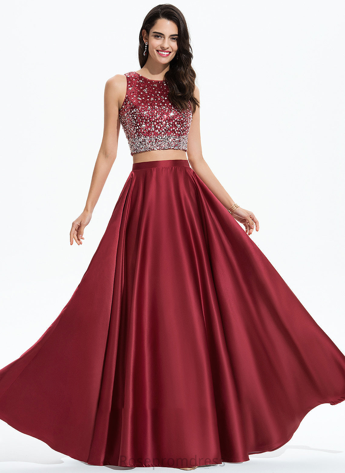 Sequins Sariah Scoop Neck Satin Beading A-Line Floor-Length With Prom Dresses