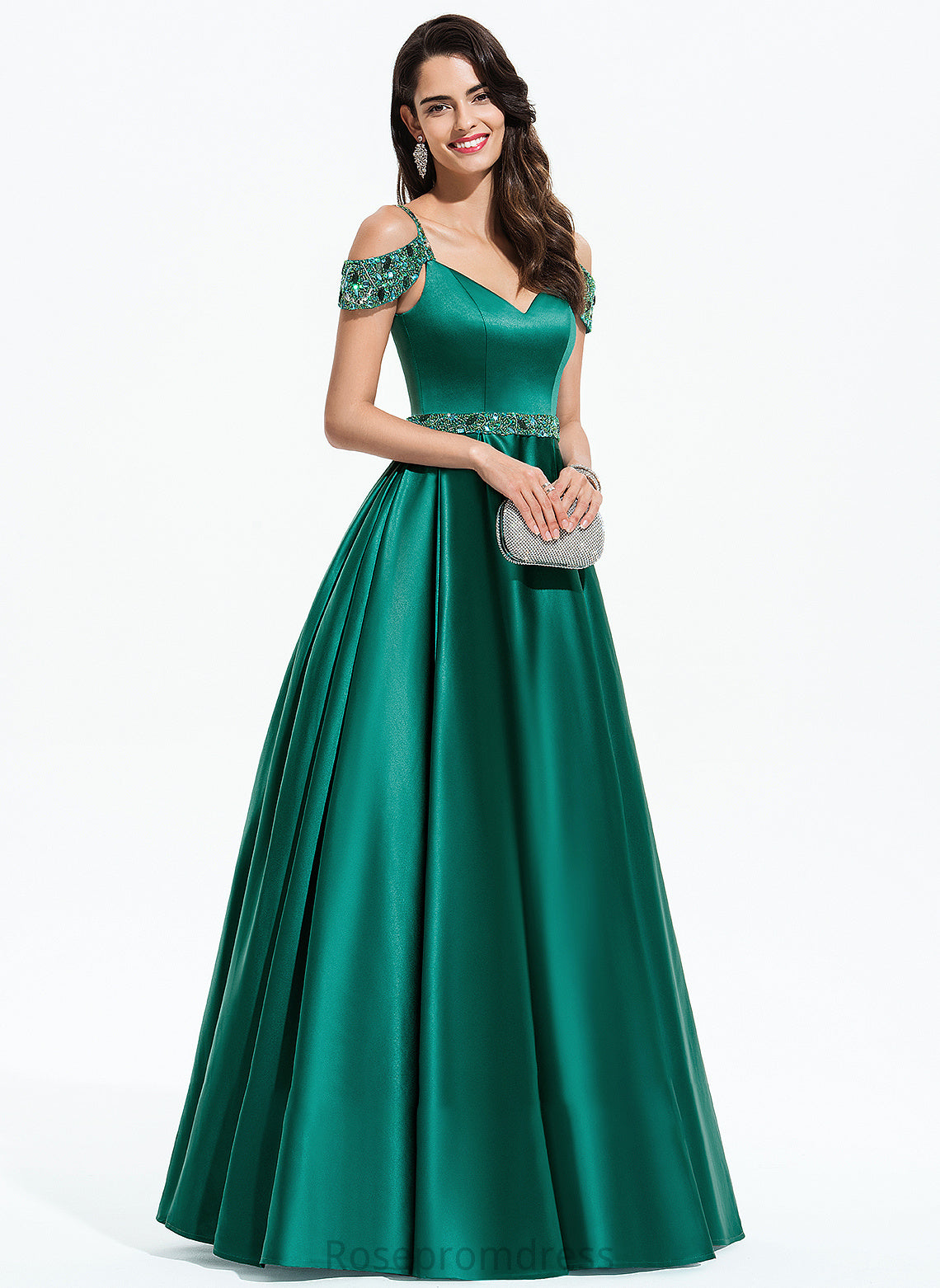 Sequins V-neck Floor-Length Prom Dresses Beading Ball-Gown/Princess With Imani Satin