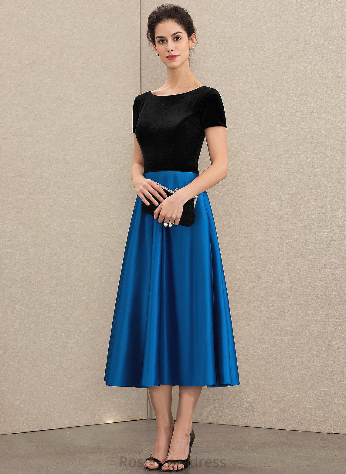 Dress Satin Sabrina Scoop the of Mother of the Bride Dresses Neck A-Line Tea-Length Bride Pockets With Mother Velvet