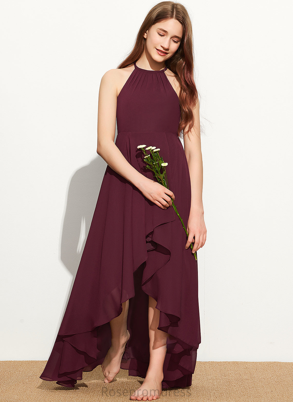 Ruffle Chiffon Scoop With Neck A-Line Dixie Asymmetrical Junior Bridesmaid Dresses