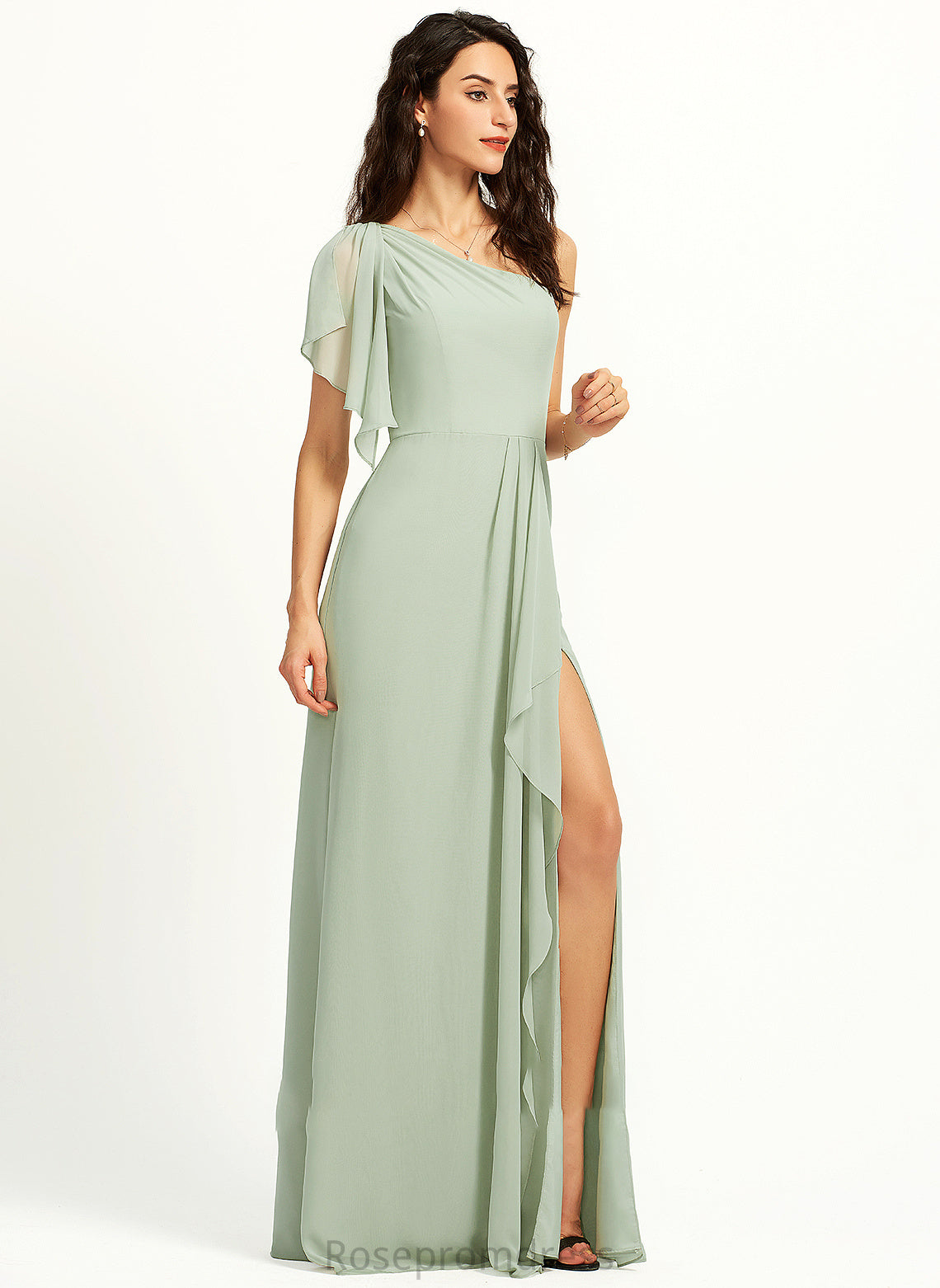 Silhouette Neckline Floor-Length One-Shoulder A-Line Length Fabric Embellishment Ruffle SplitFront Nan Sleeveless Bridesmaid Dresses