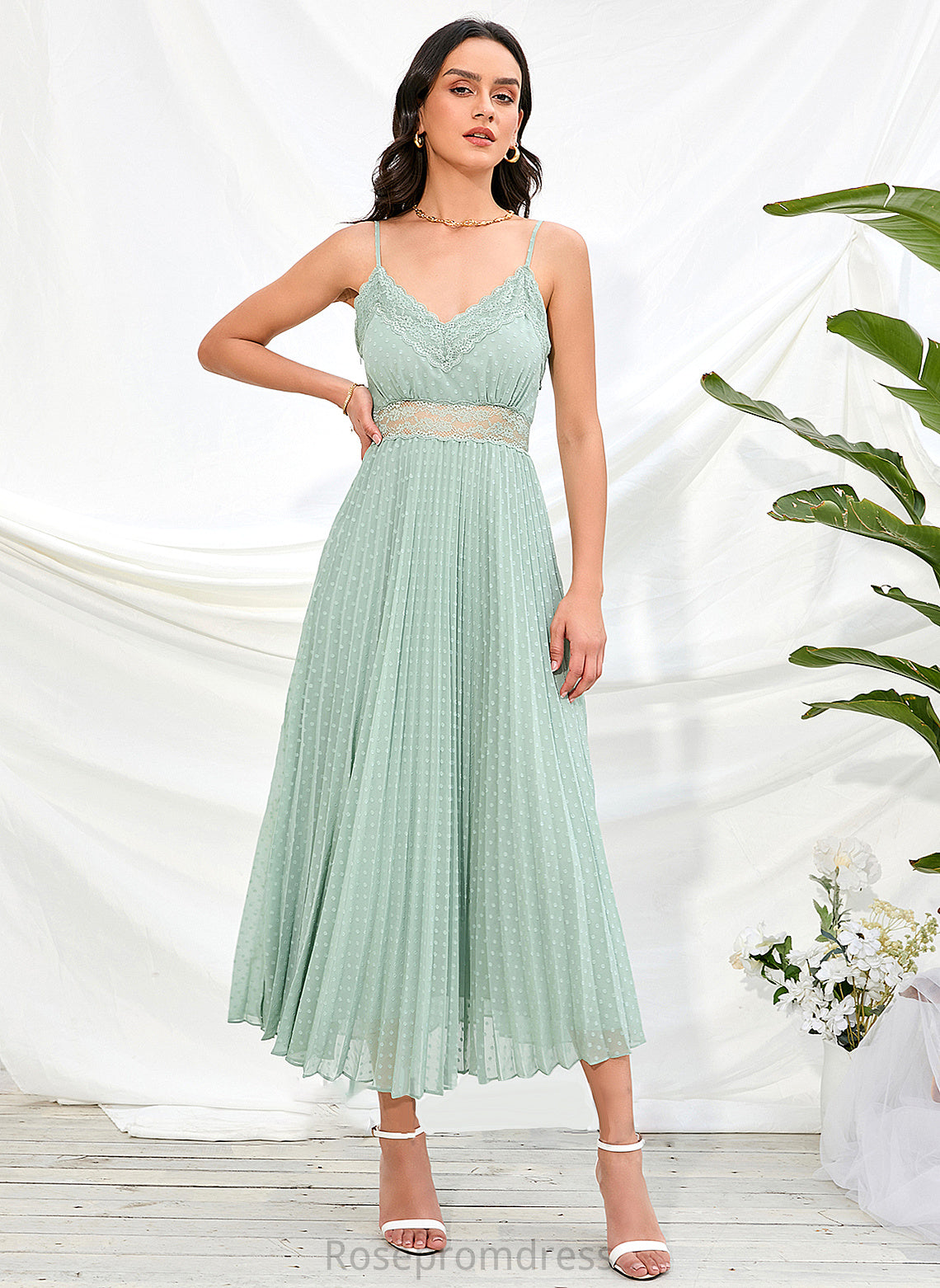 Neckline A-Line V-neck Fabric Silhouette Ankle-Length Straps Length Abbey Spaghetti Staps Natural Waist Floor Length Bridesmaid Dresses