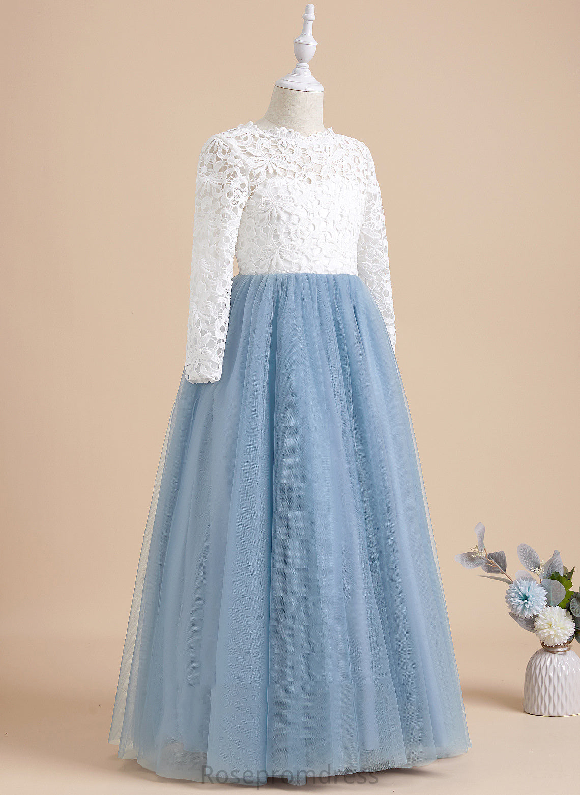 Bow(s)/V Kaylee Flower Back Girl Floor-length With Dress - Flower Girl Dresses Neck Tulle/Lace Scoop Long Ball-Gown/Princess Sleeves